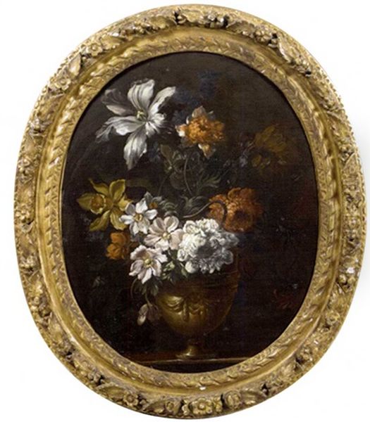 Vase De Fleurs: Pivoines, Tulipes, Narcisse... Dans Un Vase Sculpte, Pose Sur Un Entablement Oil Painting by Jean-Baptiste Monnoyer