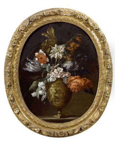 Vase De Fleurs: Pivoines, Tulipes... Dans Un Vase Sculpte, Pose Sur Un Entablement Oil Painting by Jean-Baptiste Monnoyer