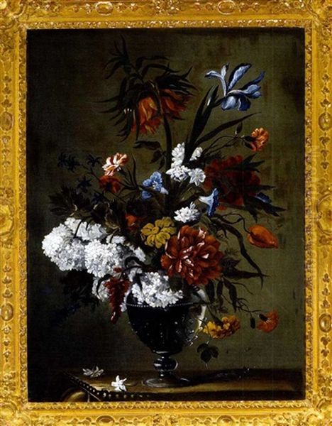 Ein Blumenstraus Mit Schneeballen, Nelken, Wicken, Pfingstrose, Iris, Kaiserkrone Und Anderen Bluten In Einer Glasernen Vase Oil Painting by Jean-Baptiste Monnoyer