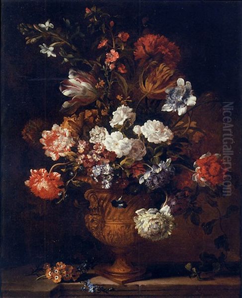 Parrot Tulips, Crysanthemums, Primroses, Morning Glory And Other Flowers In A Sculpted Urn On A Stone Ledge Oil Painting by Jean-Baptiste Monnoyer