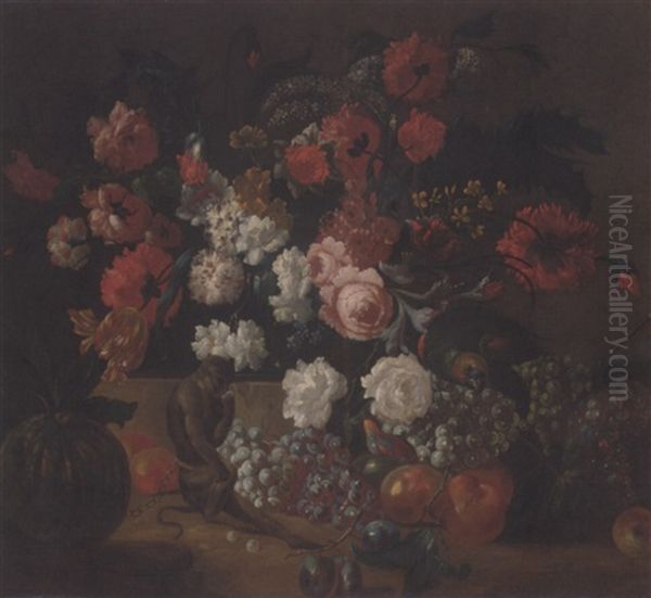 Poppies, Carnations, Roses, Tulips And Other Flowers In A Basket On A Ledge With Grapes, Pears, Peaches, Plums And A Melon On A Forest Floor With A Monkey And A Parrot Oil Painting by Jean-Baptiste Monnoyer