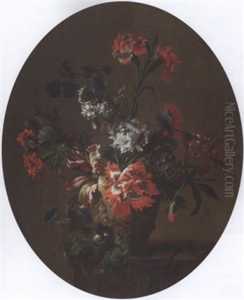 Carnations, Parrot Tulips, Poppies, Morning Glory And Other Flowers In A Sculpted Urn On A Ledge Oil Painting by Jean-Baptiste Monnoyer