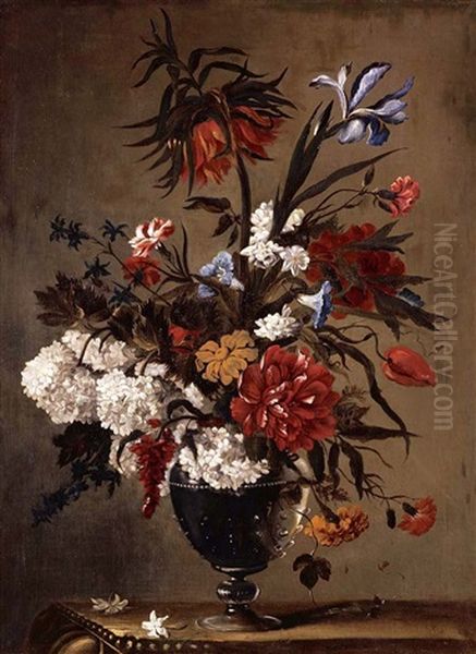 Still Life With Carnations, Tulips And Other Flowers In Glass Vase On A Ledge Oil Painting by Jean-Baptiste Monnoyer