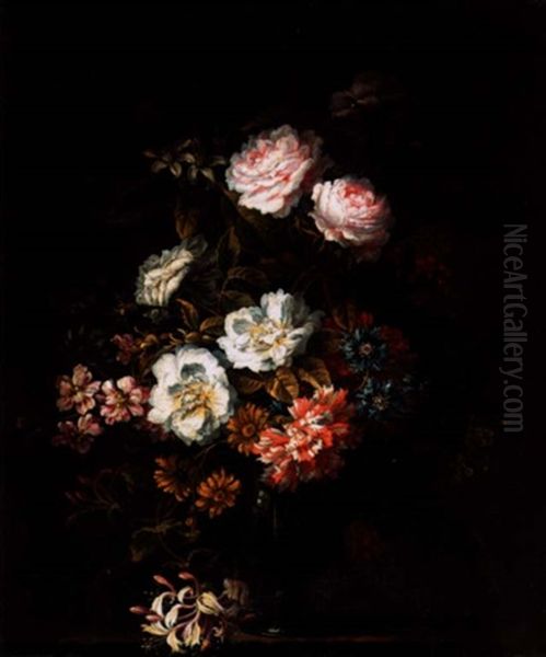 Carnations, Roses And Peonies With Other Flowers In A Glass Set On A Stone Ledge Oil Painting by Jean-Baptiste Monnoyer