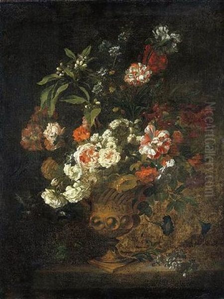 Peonies, Narcissi, Carnations And Other Flowers In An Urn On A Ledge Oil Painting by Jean-Baptiste Monnoyer