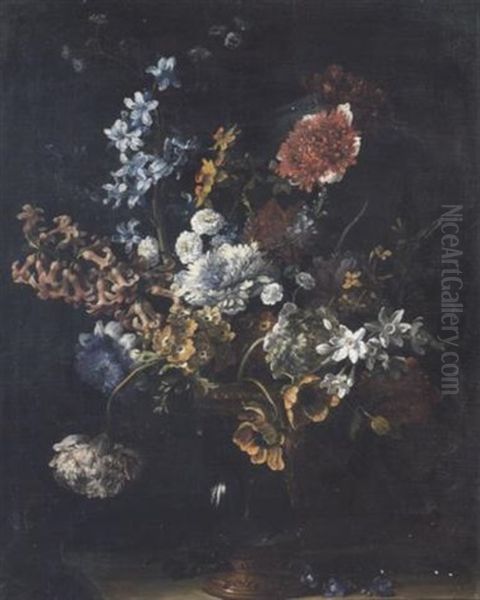 Chrysanthemums, Narcissi, Hyancinths, Anemones And Other Flowers In A Gilt-bronze Mounted Glass Vase On A Stone Ledge Oil Painting by Jean-Baptiste Monnoyer