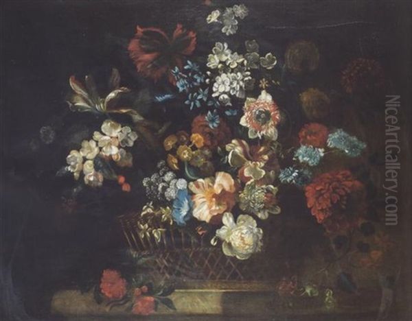 Carnations, Peonies, Tulips, Narcissi, Morning Glory And Other Flowers In A Basket On A Ledge Oil Painting by Jean-Baptiste Monnoyer