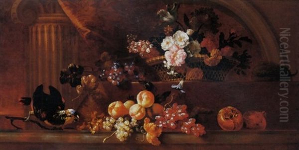 A Parrot Tulip, Roses, And Other Flowers In A Basket With Grapes And A Pumpkin On A Table And Other Fruits And A Parrot On A Marble Ledge Oil Painting by Jean-Baptiste Monnoyer