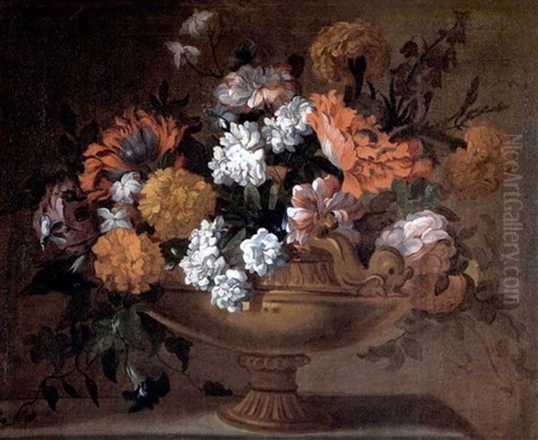 Blumen In Einer Steinvase Auf Einer Plinthe Oil Painting by Jean-Baptiste Monnoyer