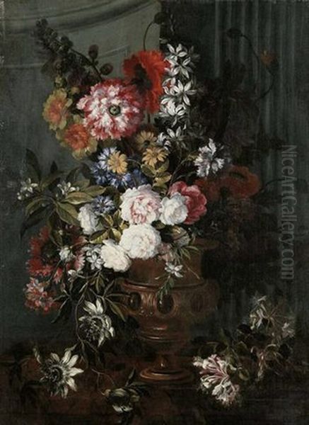 Roses, Poppies, Hollyhocks, Jasmine And Other Flowers In A Sculpted Urn On A Ledge, Before A Pilaster Oil Painting by Jean-Baptiste Monnoyer