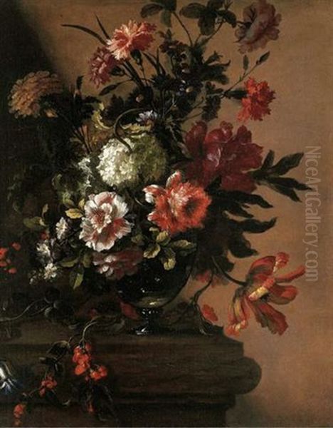 Peonies, Parrot Tulips, Carnations And Other Flowers, In An Urn On A Stone Ledge Oil Painting by Jean-Baptiste Monnoyer