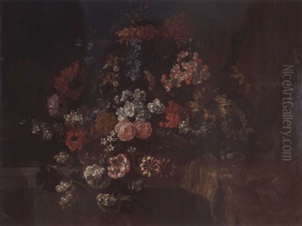 Corbeille De Fleurs Sur Un Entablement, Pres D'une Draperie Oil Painting by Jean-Baptiste Monnoyer