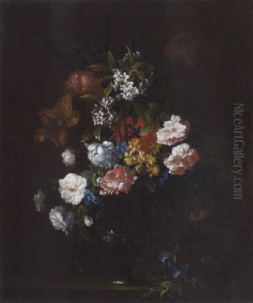 Roses, Morning Glory, Cornflowers, A Tulip And Other Flowers In A Glass Vase On A Stone Ledge Oil Painting by Jean-Baptiste Monnoyer