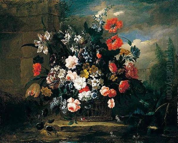 A Still Life Of Various Flowers In A Basket, Resting Before Architecture And A Woodland Setting Oil Painting by Jean-Baptiste Monnoyer