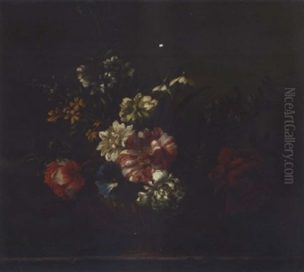 Still Life Of Chrysantehmums, Peonnies, Morning Glory And Narcissi, In A Gilt Urn, Upon A Stone Ledge Oil Painting by Jean-Baptiste Monnoyer