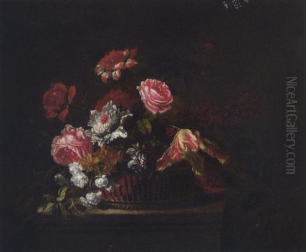 Roses, Carnations, Tulips, Morning Glory And Other Flowers In A Basket On A Plinth Oil Painting by Jean-Baptiste Monnoyer