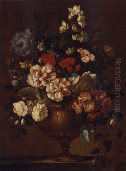 Roses, Bluebells, Carnations And Other Flowers In A Sculpted Urn On A Stone Ledge Oil Painting by Jean-Baptiste Monnoyer