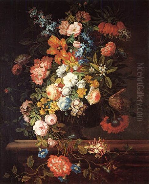 A Still Life Of Flowers Including Roses, Lilac, A Crown Imperial, Tulips, Morning-glory, Honeysuckle, Stocks And Peonies In A Glass Vase Oil Painting by Jean-Baptiste Monnoyer