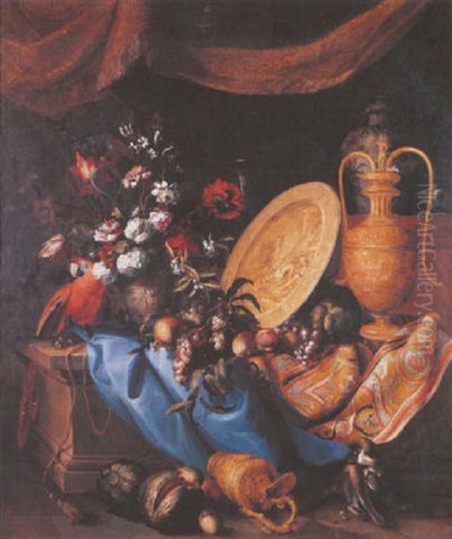 Nature Morte Au Bouquet De Fleurs, Perroquet, Singe, Fruits Et Aiguiere Sur Un Entablement Orne De Draperies by Jean-Baptiste Monnoyer