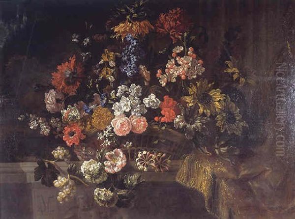 Corbeille De Fleurs Sur Un Entablement, Pres D'une Draperie Oil Painting by Jean-Baptiste Monnoyer