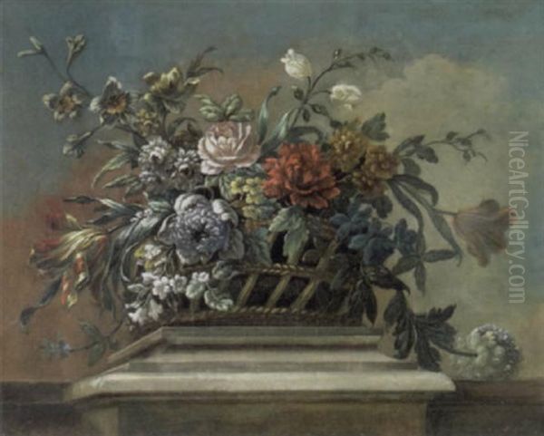 A Still Life With Flowers In A Basket On A Pedestal Oil Painting by Jean-Baptiste Monnoyer