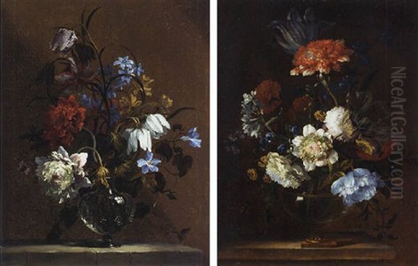 Carnations, Snake's Head, Narcissi And Other Flowers In A Glass Vase On A Stone Ledge Oil Painting by Jean-Baptiste Monnoyer