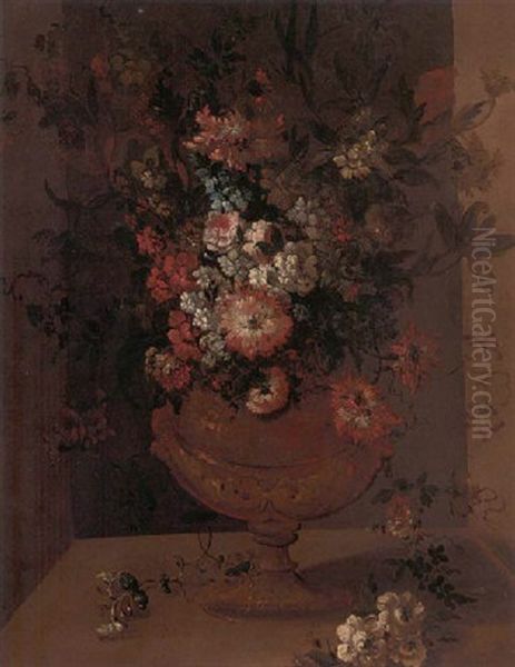 Carnations, Roses, Bluebells, Narcissi And Other Flowers In A Gift Urn On A Ledge Oil Painting by Jean-Baptiste Monnoyer