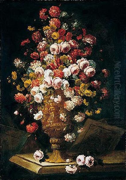 A Still Life Of Roses, Carnations In A Sculpted Urn Upon A Stone Ledge Oil Painting by Jean-Baptiste Monnoyer