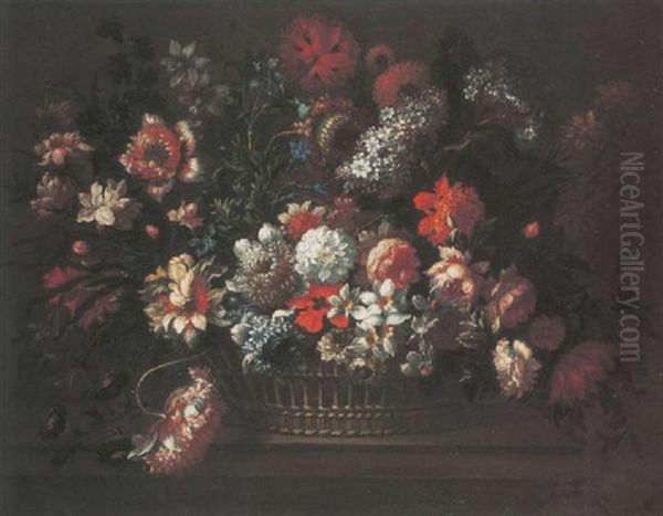 Carnations, Roses, Narcissi, Morning Glory And Other Flowers In A Basket On A Ledge Oil Painting by Jean-Baptiste Monnoyer