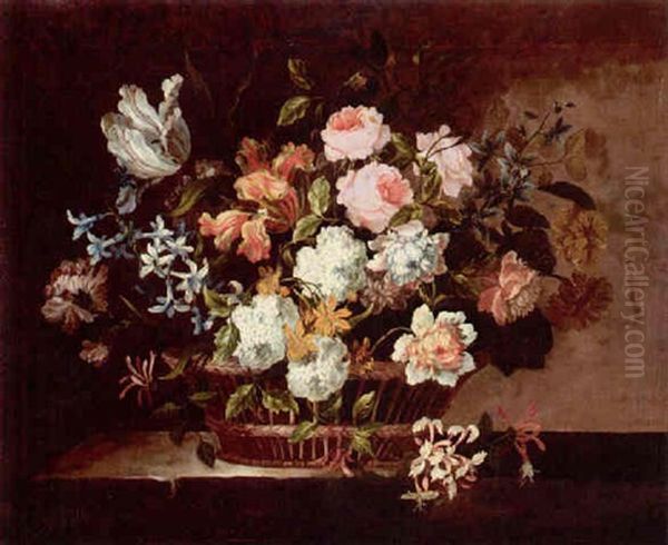 Still Life Of Tulips, Roses, Hyacinths And Other Flowers In A Wicker Basket Set On A Stone Table Oil Painting by Jean-Baptiste Monnoyer