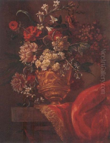 A Still Life Of Various Flowers In A Gilt Sculpted Urn, Upon A Stone Pedestal, Partly Draped With A Rug Oil Painting by Jean-Baptiste Monnoyer