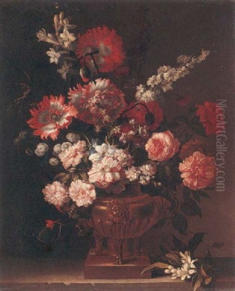 A Still Life Of Roses, Carnations, Stocks, Poppies And Tobacco Plants, With A Sprig Of Orange-blossom Upon A Stone Ledge Oil Painting by Jean-Baptiste Monnoyer