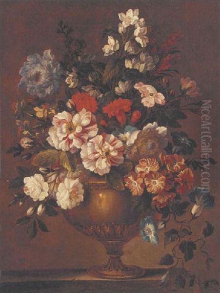 Roses, Bluebells, Carnations And Other Flowers In A Sculpted Urn On A Stone Ledge Oil Painting by Jean-Baptiste Monnoyer