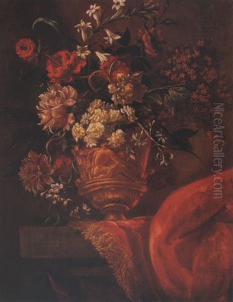 A Still Life Of Various Flowers In A Gilt Sculpted Urn, Upon A Stone Pedestal, Partly Draped With A Rug Oil Painting by Jean-Baptiste Monnoyer