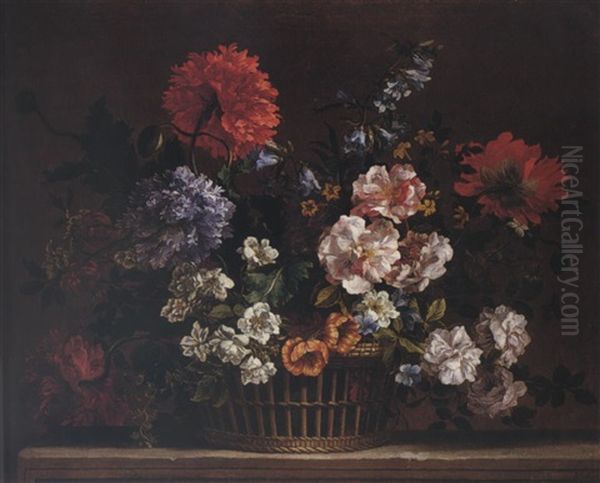 A Still Life Of Roses, Carnations, Delphiniums, Peonies And Lilies, Arranged In A Wicker Basket, Upon A Stone Ledge Oil Painting by Jean-Baptiste Monnoyer