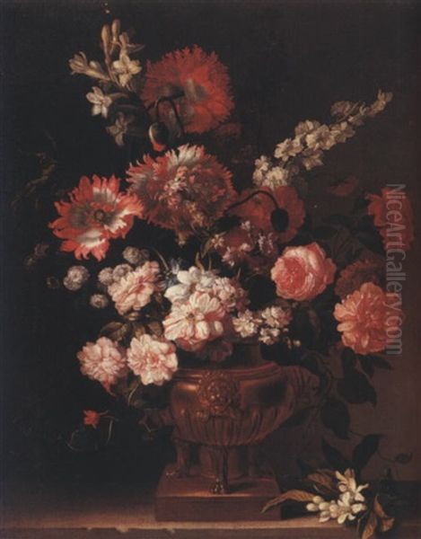 A Still Life Of Roses, Carnations, Stocks, Poppies And Tobacco Plants, Arranged Within A Gilt Urn, Together With A Sprig Of Orange-blossom Upon A Stone Ledge Oil Painting by Jean-Baptiste Monnoyer