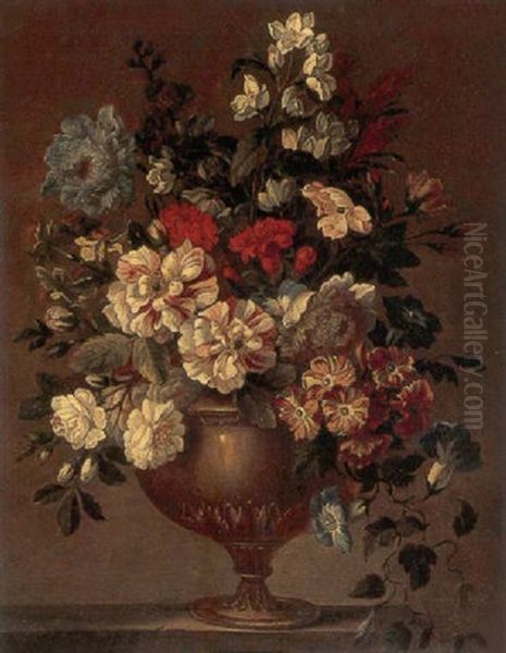 Still Life Of Zinnias, Carnations, Morning Glories And Other Flowers In A Bronze Vase Resting On A  Ledge Oil Painting by Jean-Baptiste Monnoyer