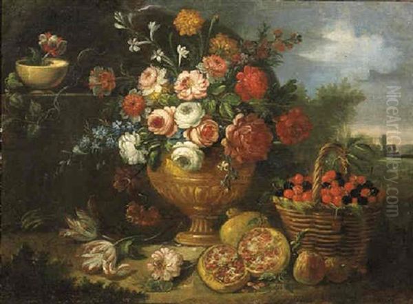 Mixed Flowers In A Vase With Cherries In A Basket, A Pomegranate And Flowers In A Landscape Oil Painting by Jean-Baptiste Monnoyer