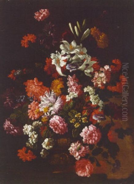 Roses, Carnations, Lilies, Blue Bells, Morning Glory And Other Flowers In An Urn On A Ledge Oil Painting by Jean-Baptiste Monnoyer