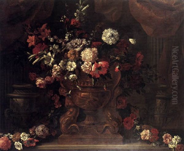 Nature Morte De Fleurs Dans Un Vase Sculpte Oil Painting by Jean-Baptiste Monnoyer