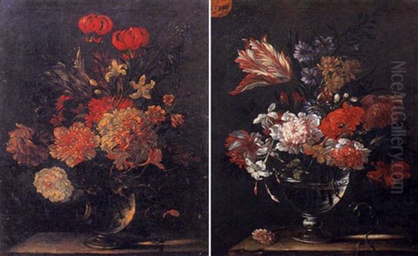 Bouquet De Fleurs Dans Un Vase En Verre Sur Un Entablement Oil Painting by Jean-Baptiste Monnoyer