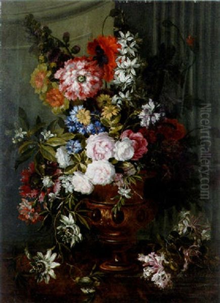 Roses, Poppies, Hollyhocks, Jasmine And Other Flowers In A Sculpted Urn On A Ledge, Before A Pilaster Oil Painting by Jean-Baptiste Monnoyer