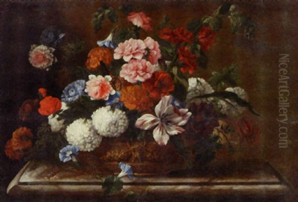 Flowers In A Gold Urn On A Marble Tabletop Oil Painting by Jean-Baptiste Monnoyer