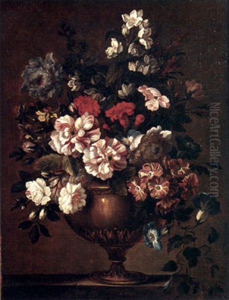 A Still Life With Zinnias, Carnations And Other Flowers In A Bronze Vase On A Ledge Oil Painting by Jean-Baptiste Monnoyer