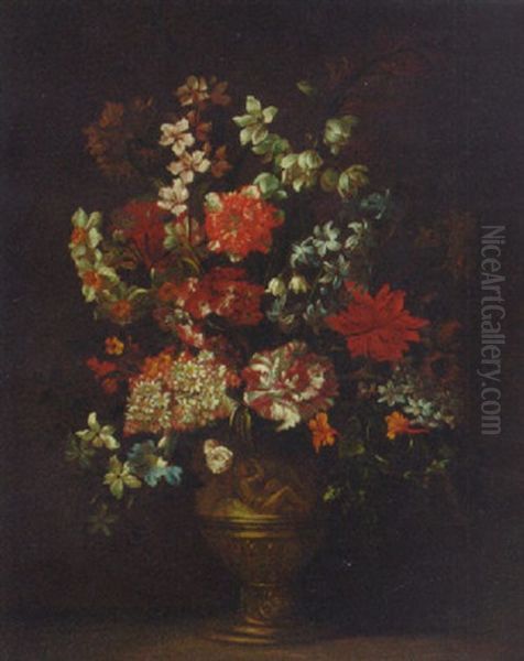 Still Life Of Roses, Carnations, Narcissi And Other Flowers In A Sculpted Vase On A Ledge Oil Painting by Jean-Baptiste Monnoyer