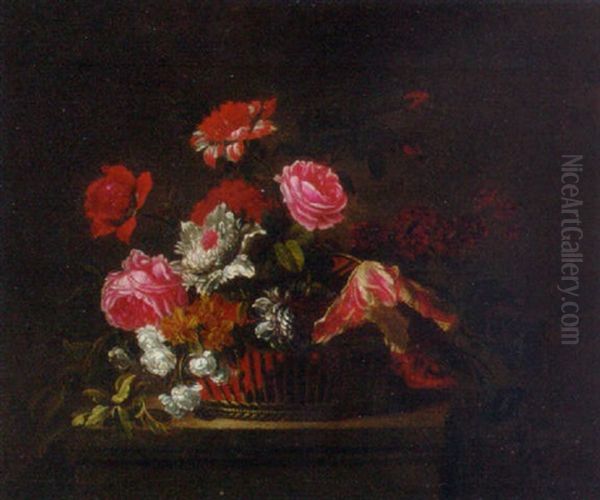 Flowers In A Basket On A Ledge Oil Painting by Jean-Baptiste Monnoyer