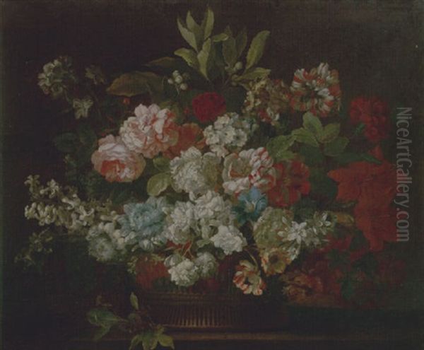 Still Life Of Various Flowers In A Wicker Basket Upon A Stone Ledge Oil Painting by Jean-Baptiste Monnoyer