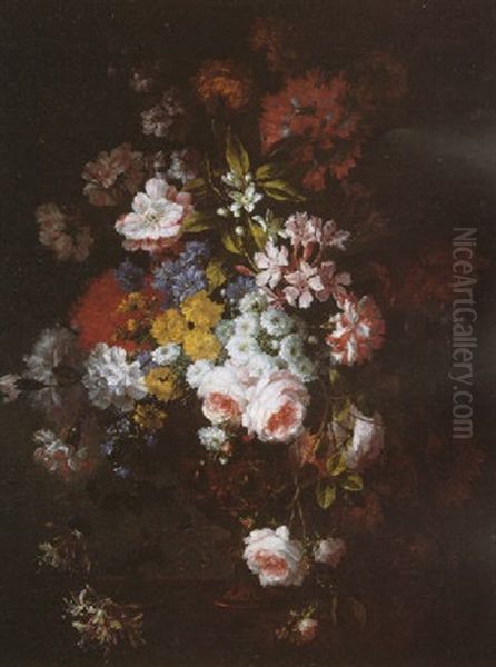 A Still Life Of Roses, Cornflowers, Orange Blossom, Honeysuckle And Other Flowers In A Moulded Bronze Vase On A Stone Ledge Oil Painting by Jean-Baptiste Monnoyer