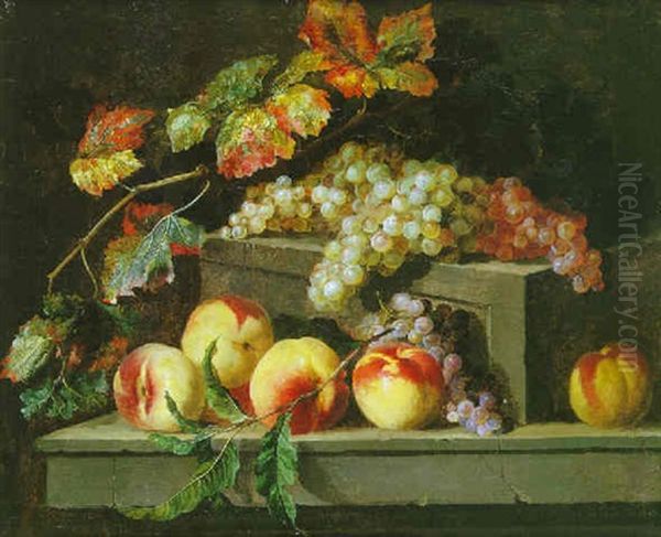 Nature Morte De Peches Et De Raisins Sur Des Entablements De Pierre Sculptee Oil Painting by Jean-Baptiste Monnoyer