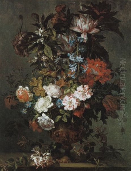 Groser Dekorativer Blumenstraus Von Pfingstrosen, Nelken, Astern Und Anderen Bluten In Einer Prunkvase Oil Painting by Jean-Baptiste Monnoyer